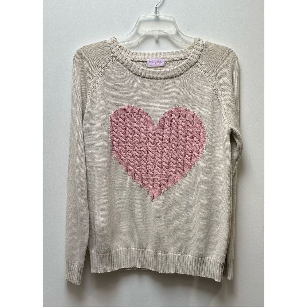 Pink Lily women’s cream knit sweater pink heart size Medium #44-1726
